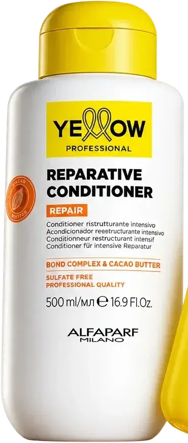 Frasco blanco con tapa amarilla de Yellow Repair, acondicionador reparador de 500 ml