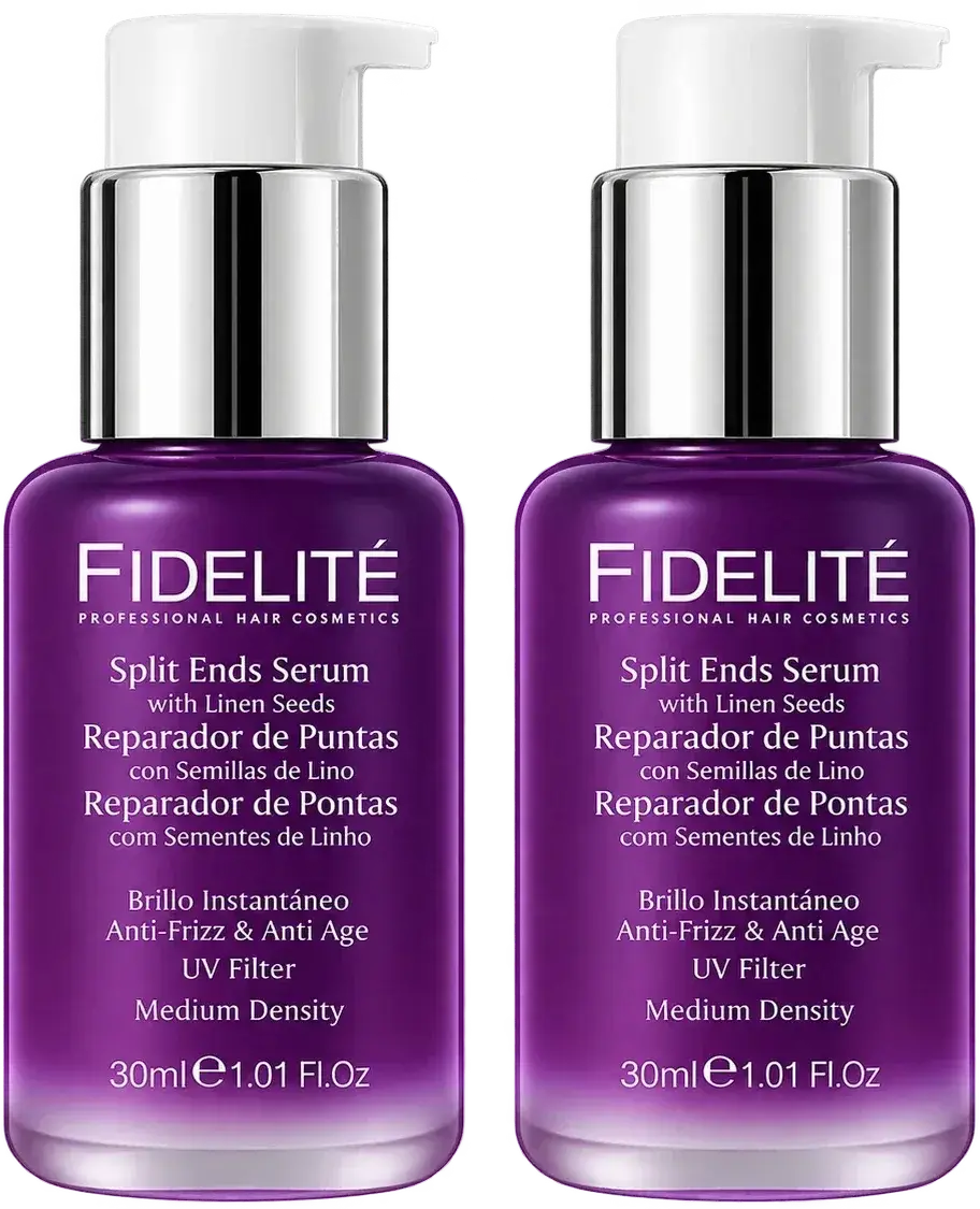Dos frascos violetas de Fidelité Split Ends Serum, reparador de puntas de 30 ml