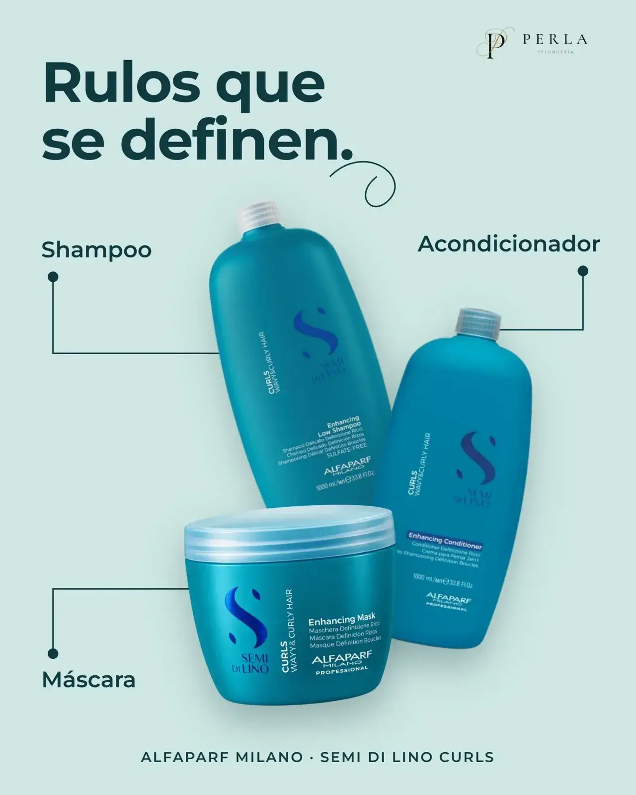 Posteo de Perla: «Rulos que se definen», shampoo, acondicionador y máscara Semi di Lino Curls