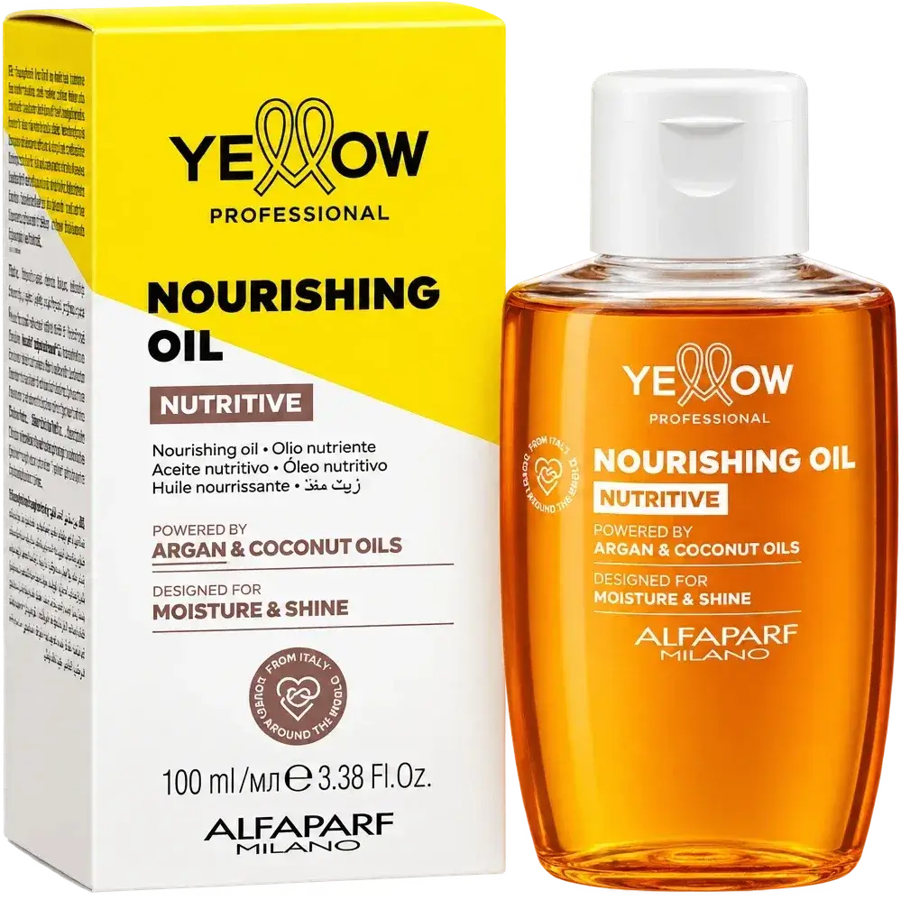 Caja y frasco naranja de Yellow Nourishing Oil, aceite nutritivo de 100 ml